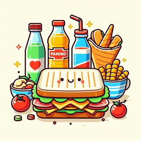 Vector illustration of a funny sandwich in cartoon style with drinks and snacksのイラスト素材