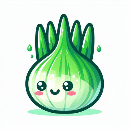 Cute green onion character isolated on white background. Vector illustration.のイラスト素材