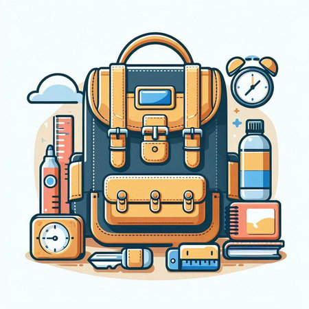 Backpack with stationery. Vector illustration in a flat style.のイラスト素材