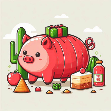 Piggy bank and Cacti. Vector cartoon illustration.のイラスト素材
