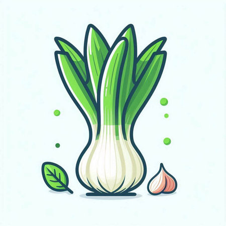 Illustration of fresh spring onion and garlic on a white background.のイラスト素材