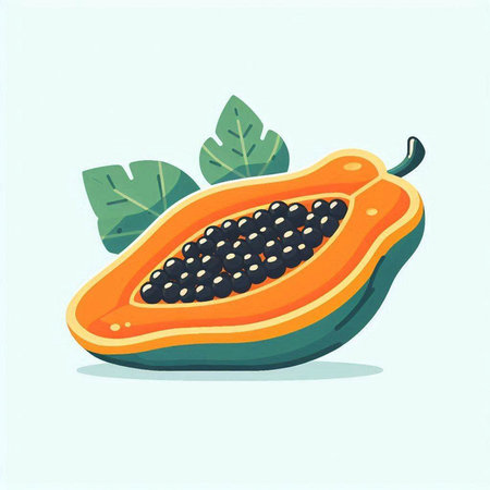 Papaya fruit vector illustration. Fresh ripe papaya fruit with green leaves.のイラスト素材