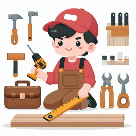 Carpenter working with tools. Vector illustration in cartoon style.のイラスト素材