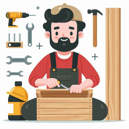 Carpenter working with tools. Vector illustration in cartoon style.のイラスト素材
