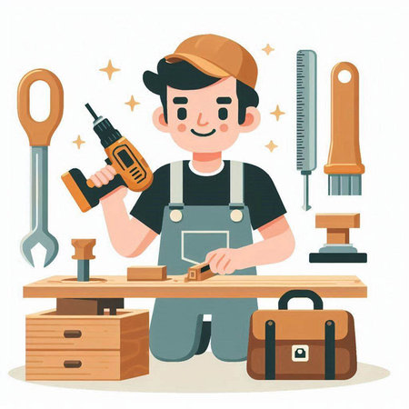 Carpenter working with tools. Vector illustration in cartoon style.のイラスト素材