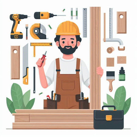Carpenter working with tools. Vector illustration in cartoon style.のイラスト素材