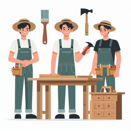 Carpenter in work clothes and hat with tools. Vector illustrationのイラスト素材