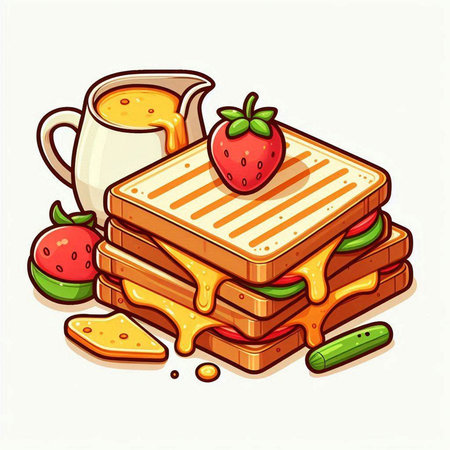 Breakfast vector illustration. Toast with cheese, strawberry and juice.のイラスト素材