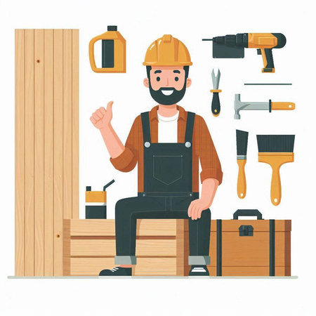 Carpenter with tools. Hand drawn vector illustration in cartoon style.のイラスト素材