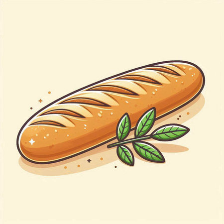 Baguette with leaves. Vector illustration of a loaf of bread.のイラスト素材