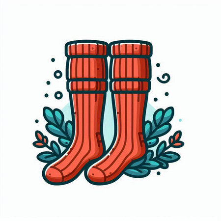 Red socks with leaves. Vector illustration in doodle style.のイラスト素材