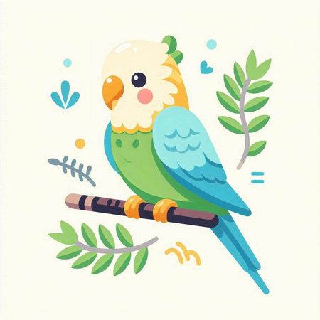 Vector illustration of cute parrot sitting on a branch with leaves.のイラスト素材