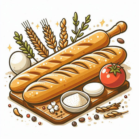 Illustration of bread and ingredients on white background. Vector illustration.のイラスト素材
