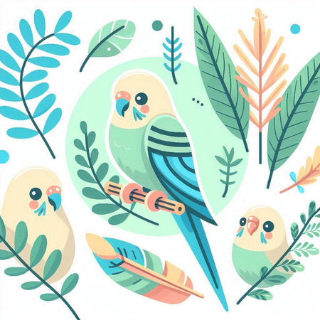 Vector illustration with parrot, feathers and leaves. Flat style.のイラスト素材