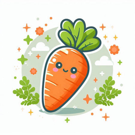 Cute carrot character with green leaves and stars. Vector illustration.のイラスト素材