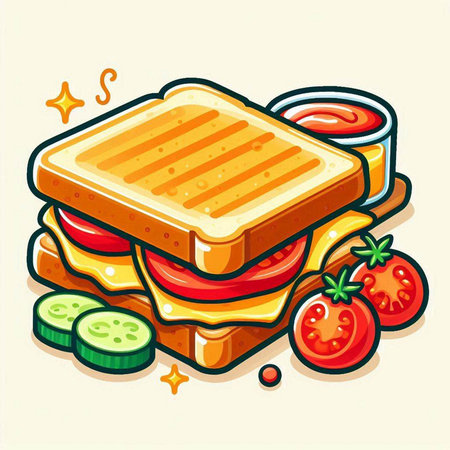 Illustration of a sandwich with tomato sauce, cucumber and cheeseのイラスト素材