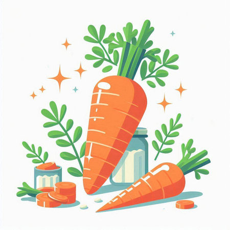 Carrot with leaves and jar of carrot juice. Vector illustration.のイラスト素材
