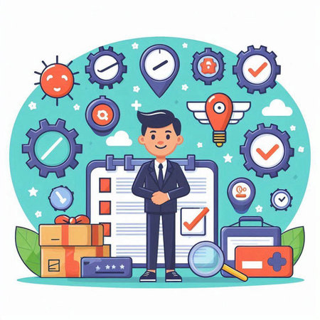 Businessman with briefcase and checklist. Flat style vector illustration.のイラスト素材