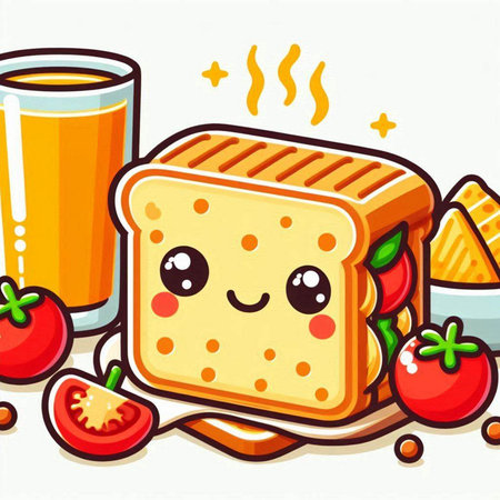 Cartoon illustration of a cute sandwich with cheese and tomato juice.のイラスト素材