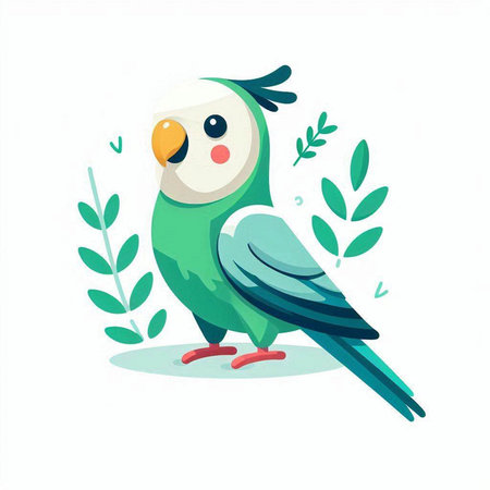 Cute parrot with green leaves. Vector illustration in cartoon style.のイラスト素材