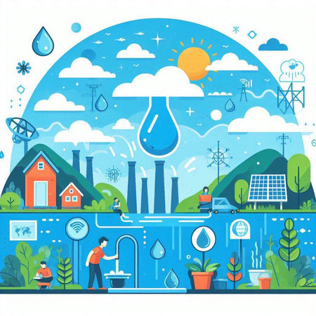 Vector illustration of green energy concept with people watering plants in the gardenのイラスト素材