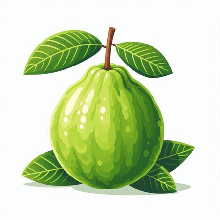 Guava fruit with leaves on a white background. Vector illustration.のイラスト素材