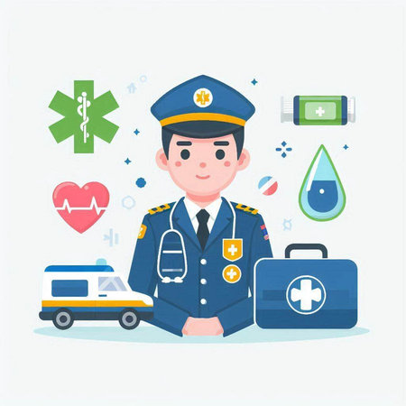 Policeman with a medical kit. Vector illustration in flat styleのイラスト素材