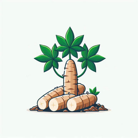cassava root and palm tree on white background, vector illustrationのイラスト素材