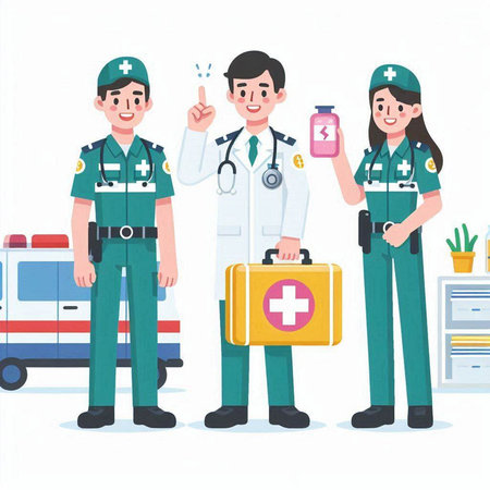 Medical team with first aid kit. Vector illustration in cartoon style.のイラスト素材