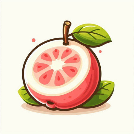 Illustration of a fresh red grapefruit with leaves on a white backgroundのイラスト素材