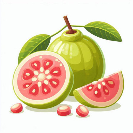 Fresh guava fruit vector illustration isolated on white background. Juicy guava fruit with leaves.のイラスト素材