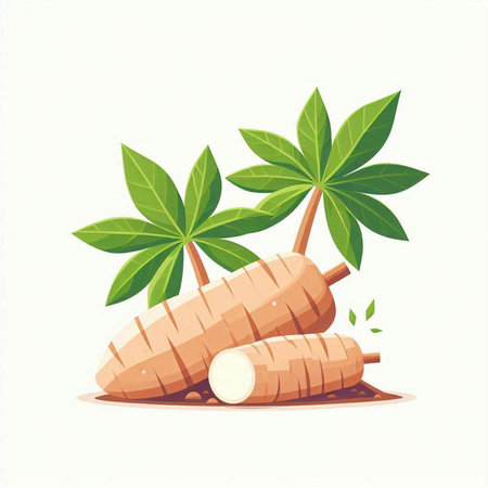 Illustration of yam with leaves on a white background. Vector illustrationのイラスト素材