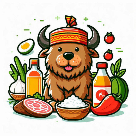 Vector illustration of a dog in a hat of a farmer, surrounded by food.のイラスト素材