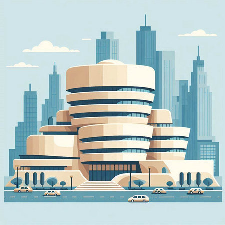 Modern building on the background of the modern city. Vector illustration.のイラスト素材