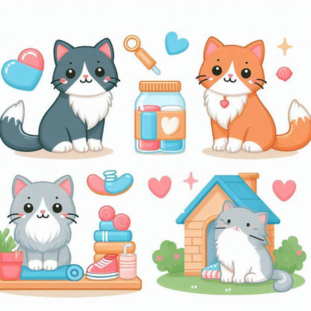 Cute cat and dog cartoon vector illustration set. Cute cat and dog in different poses.のイラスト素材
