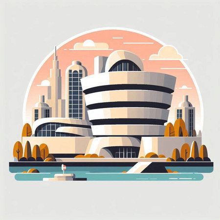 Modern building on the background of the city. Vector illustration in flat styleのイラスト素材