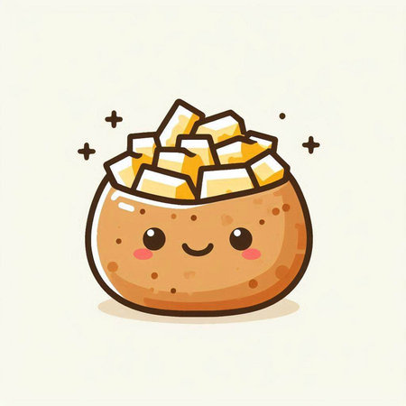 Cute potato with sugar cubes. Vector flat cartoon character illustration icon designのイラスト素材