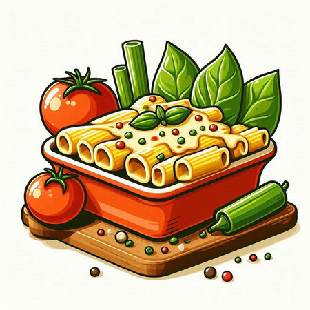 Illustration of a bowl of lasagna with tomato, pepper and basilのイラスト素材