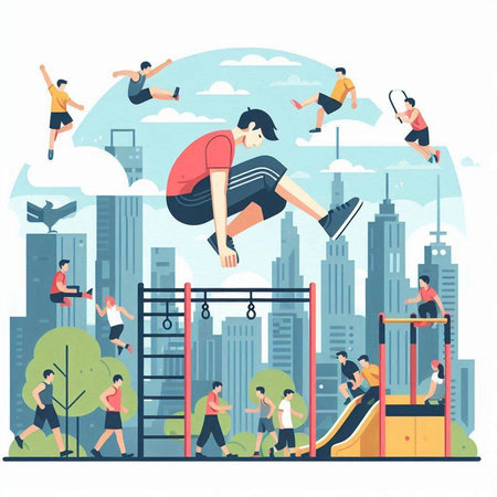 Children playing on playground. Flat style vector illustration. Kids sport activity.のイラスト素材