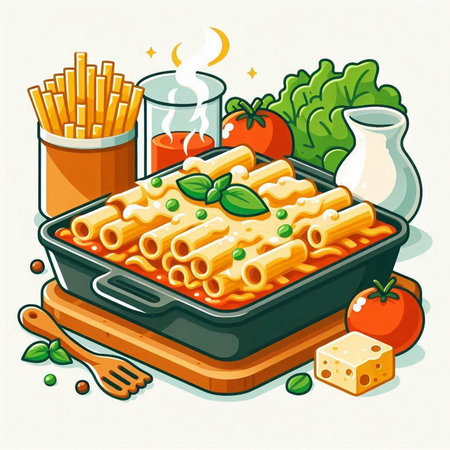 Illustration of a grilling pan with pasta, tomato and cheeseのイラスト素材