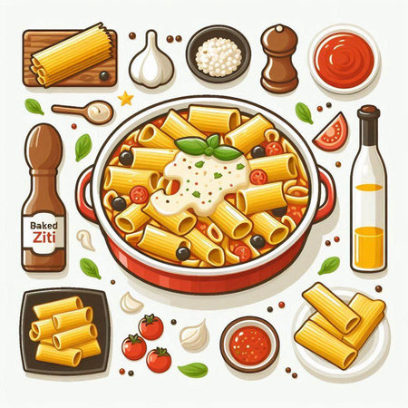 Italian pasta food vector illustration. Pasta with tomato sauce, cheese, basil, olives, parmesan cheese, garlic, parmesan cheese, olive oil, pepper, tomato sauce, rosemary, basil leaf.のイラスト素材
