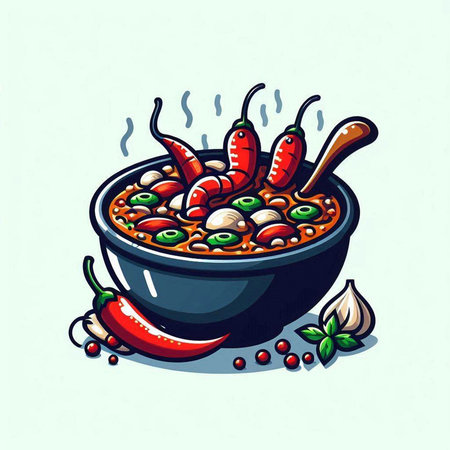 Illustration of a bowl of spicy chili soup. Vector illustration.のイラスト素材