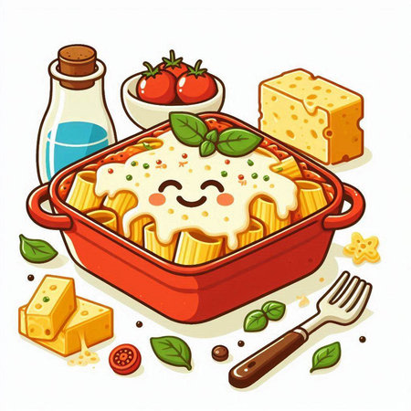Illustration of a bowl of lasagna with tomato sauce, cheese, basil and other ingredientsのイラスト素材