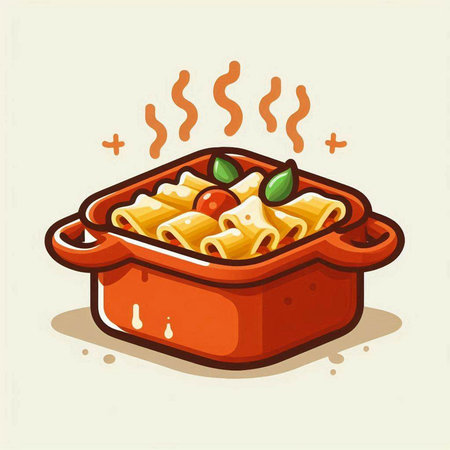 Illustration of a pot of pasta with tomato sauce and basil.のイラスト素材