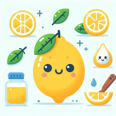 Cute lemon character with healthy food and vitamins. Vector illustration.のイラスト素材