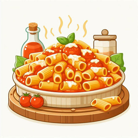 Illustration of a bowl of pasta with tomato sauce and basil.のイラスト素材
