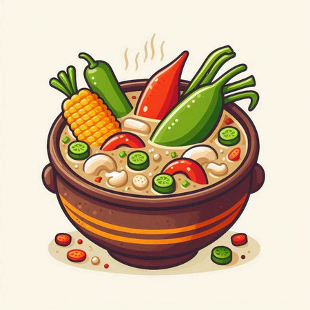 Vegetable soup in pot, vector illustration. Vegetarian food.のイラスト素材
