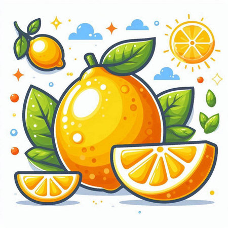 Orange fruit vector illustration. Whole and half of orange with leaves.のイラスト素材