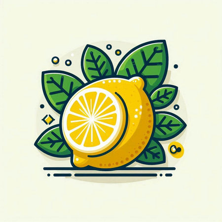 Lemon with leaves on light background. Vector illustration in flat style.のイラスト素材