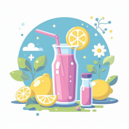 Vector illustration of fresh juice in a glass with a straw, lemons, flowers and leaves.のイラスト素材
